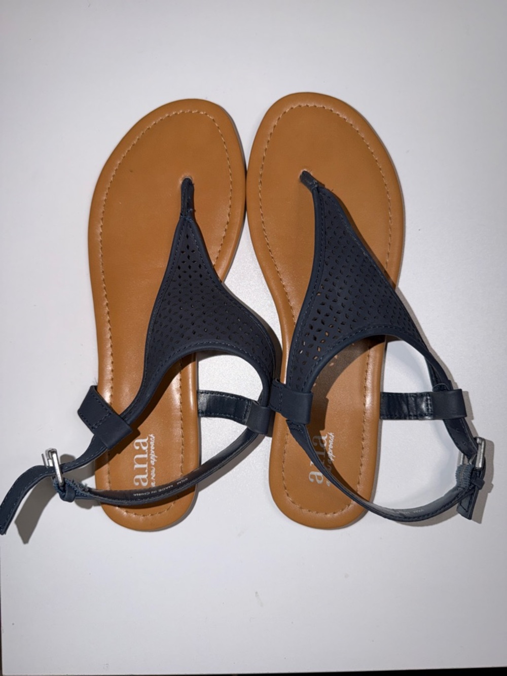 a.n.a Navy T-Strap Sandals with Tan Footbed